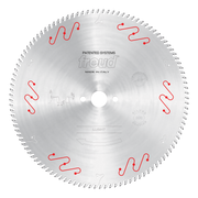 Freud 350mm circular saw blade with fine teeth and red wave-pattern markings for aluminum cutting.