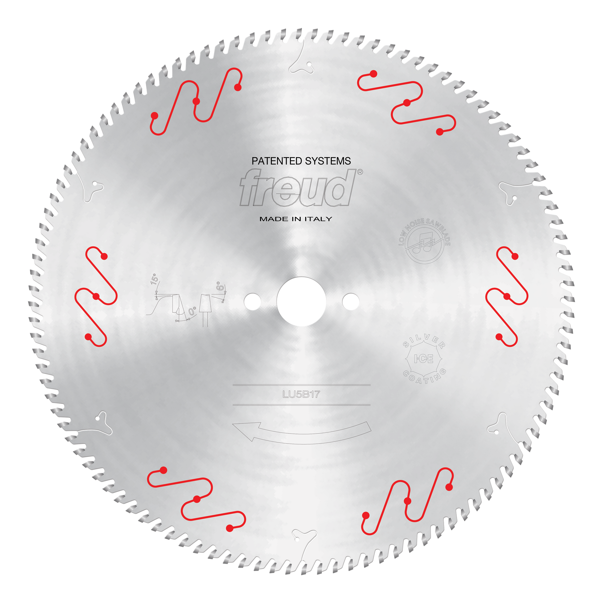 Freud 350mm circular saw blade with fine teeth and red wave-pattern markings for aluminum cutting.
