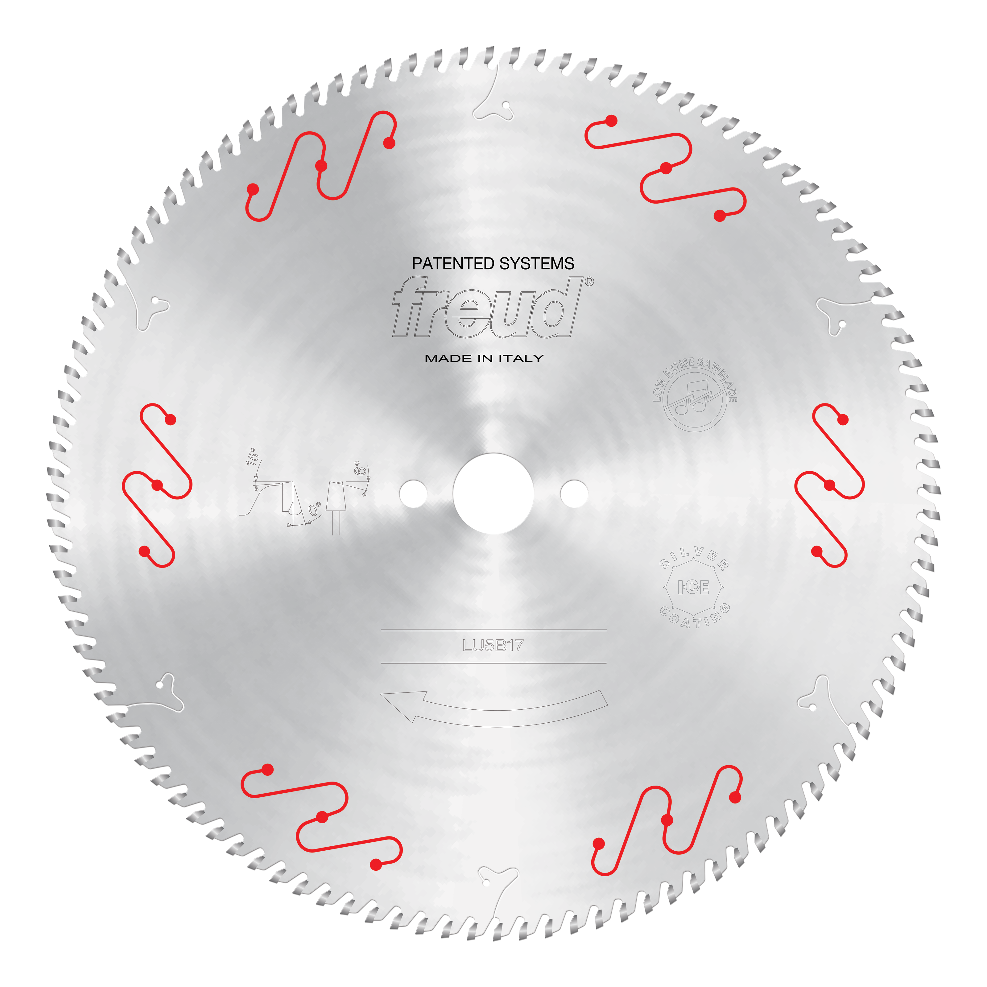 Freud 350mm circular saw blade with fine teeth and red wave-pattern markings for aluminum cutting.