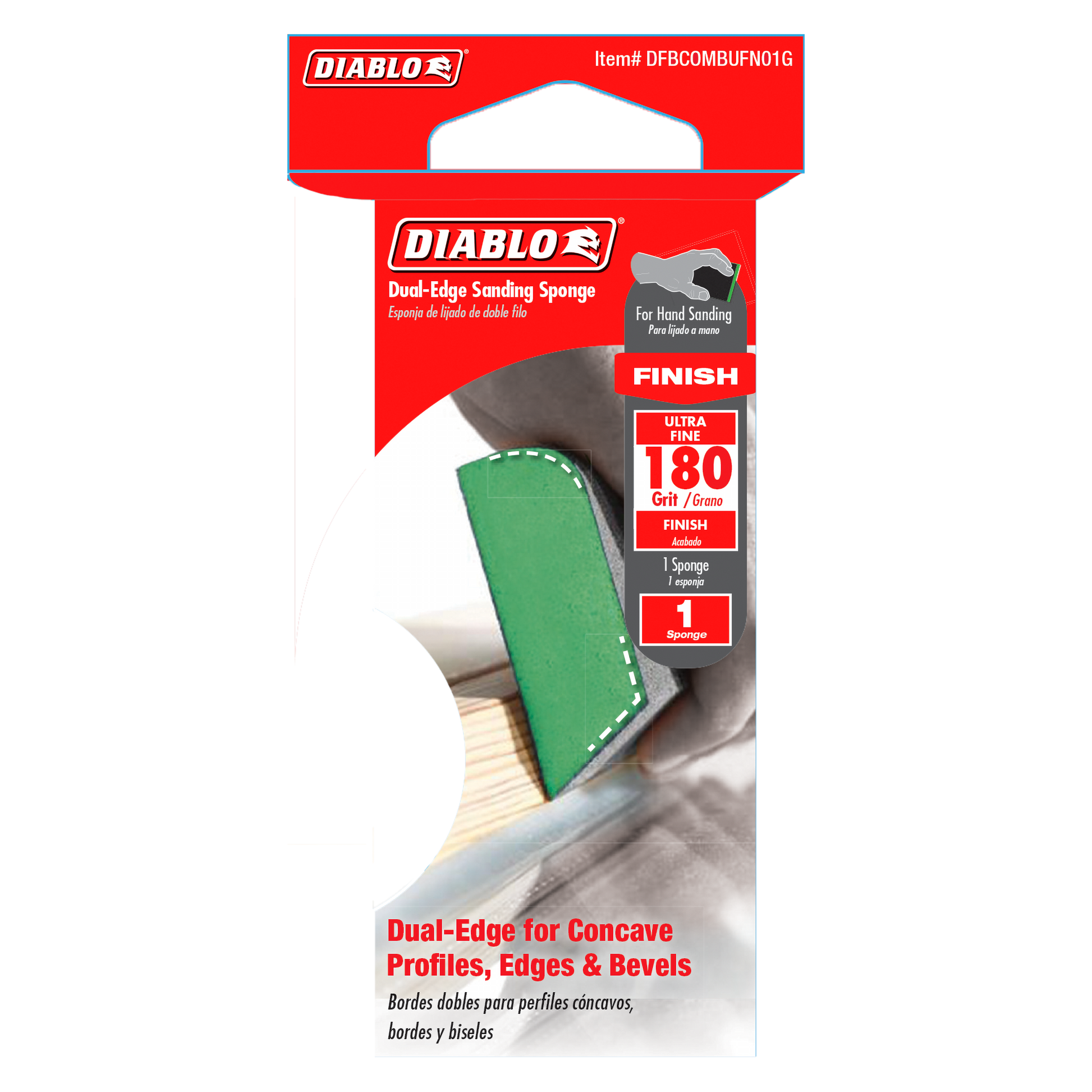 Diablo dual-edge sanding sponge with green side and black side in retail packaging, 180-grit ultra fine.