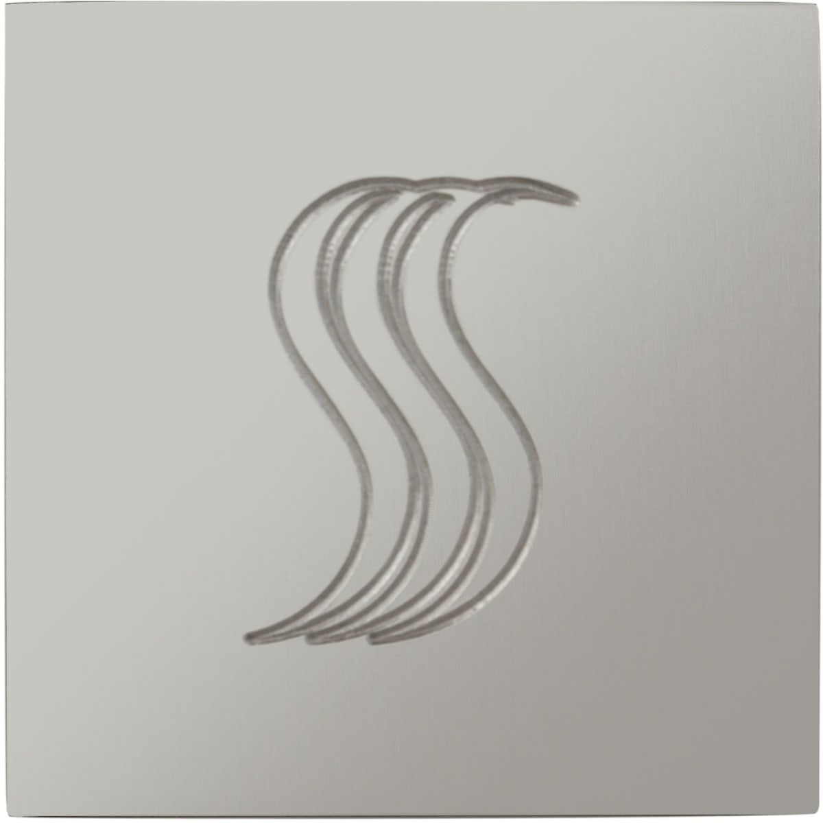 Polished chrome square steam head with four curved nozzles arranged in a fan pattern.