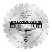10" Freud heavy-duty rip blade with 24 teeth, 5/8" arbor, flat tooth design for woodworking.