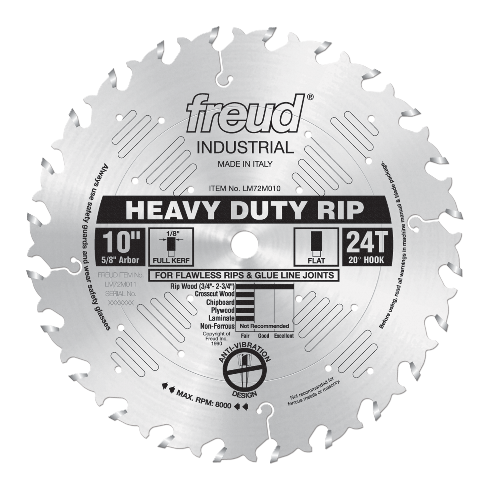 10" Freud heavy-duty rip blade with 24 teeth, 5/8" arbor, flat tooth design for woodworking.