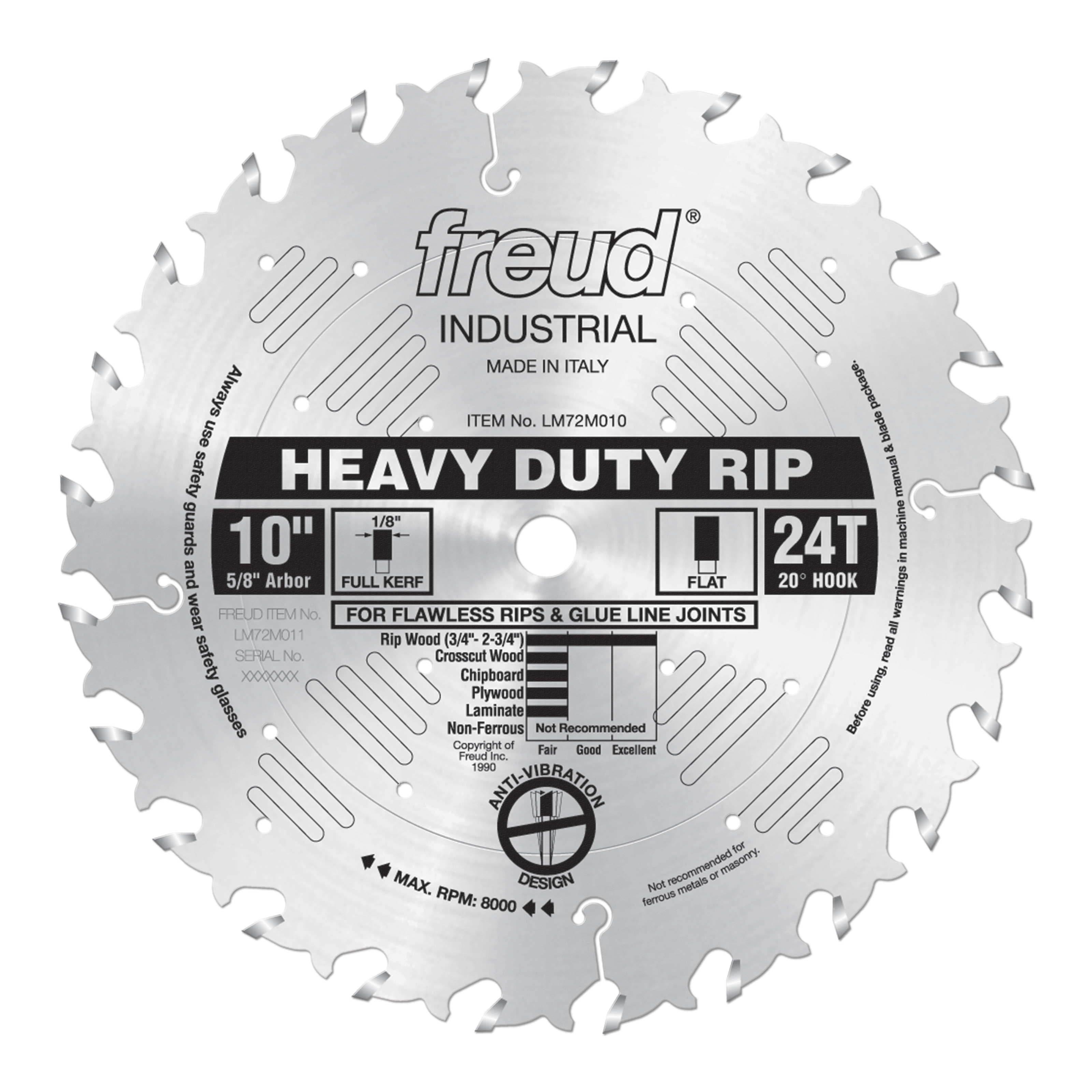 10" Freud heavy-duty rip blade with 24 teeth, 5/8" arbor, flat tooth design for woodworking.