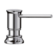 Chrome soap dispenser with cylindrical pump body, horizontal nozzle, and round base.