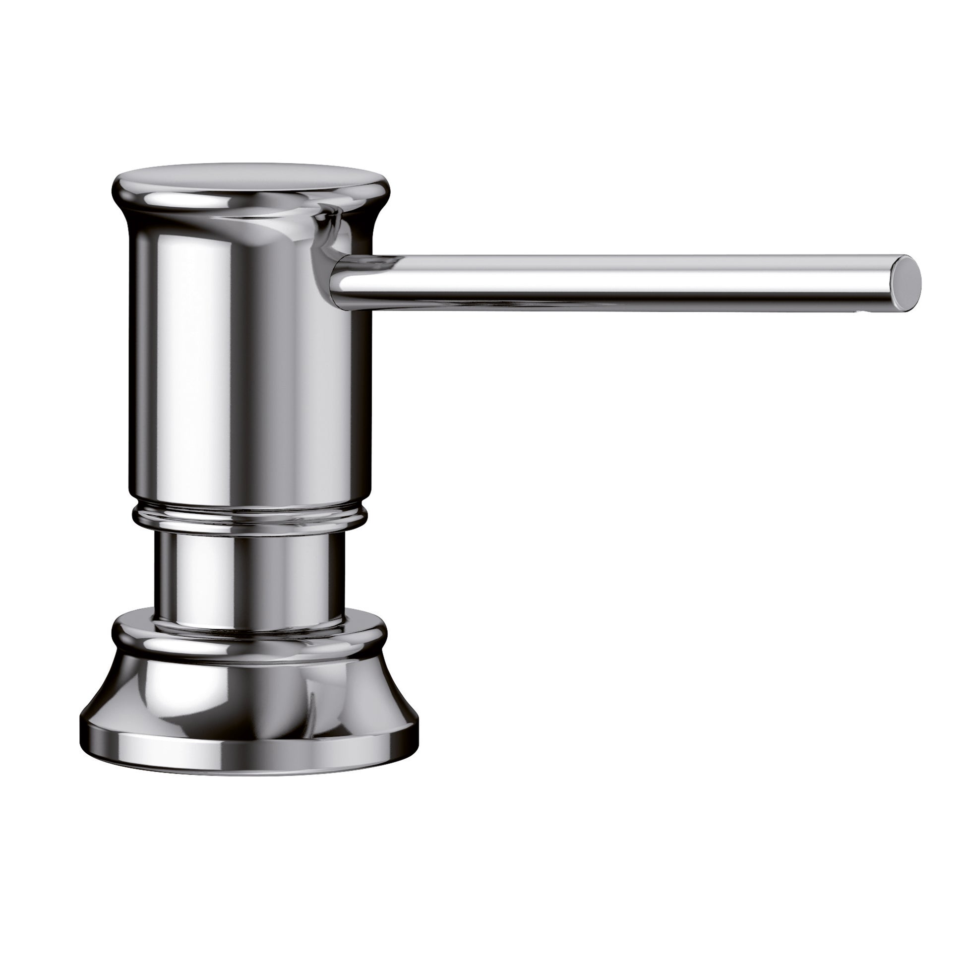 Chrome soap dispenser with cylindrical pump body, horizontal nozzle, and round base.