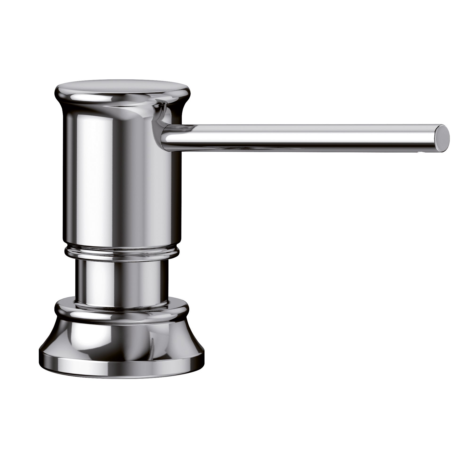 Chrome soap dispenser with cylindrical pump body, horizontal nozzle, and round base.