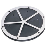 Metal and rubber circular guard with six dark wedge-shaped sections separated by white dividers and mounting holes.