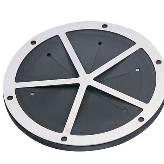 Metal and rubber circular guard with six dark wedge-shaped sections separated by white dividers and mounting holes.