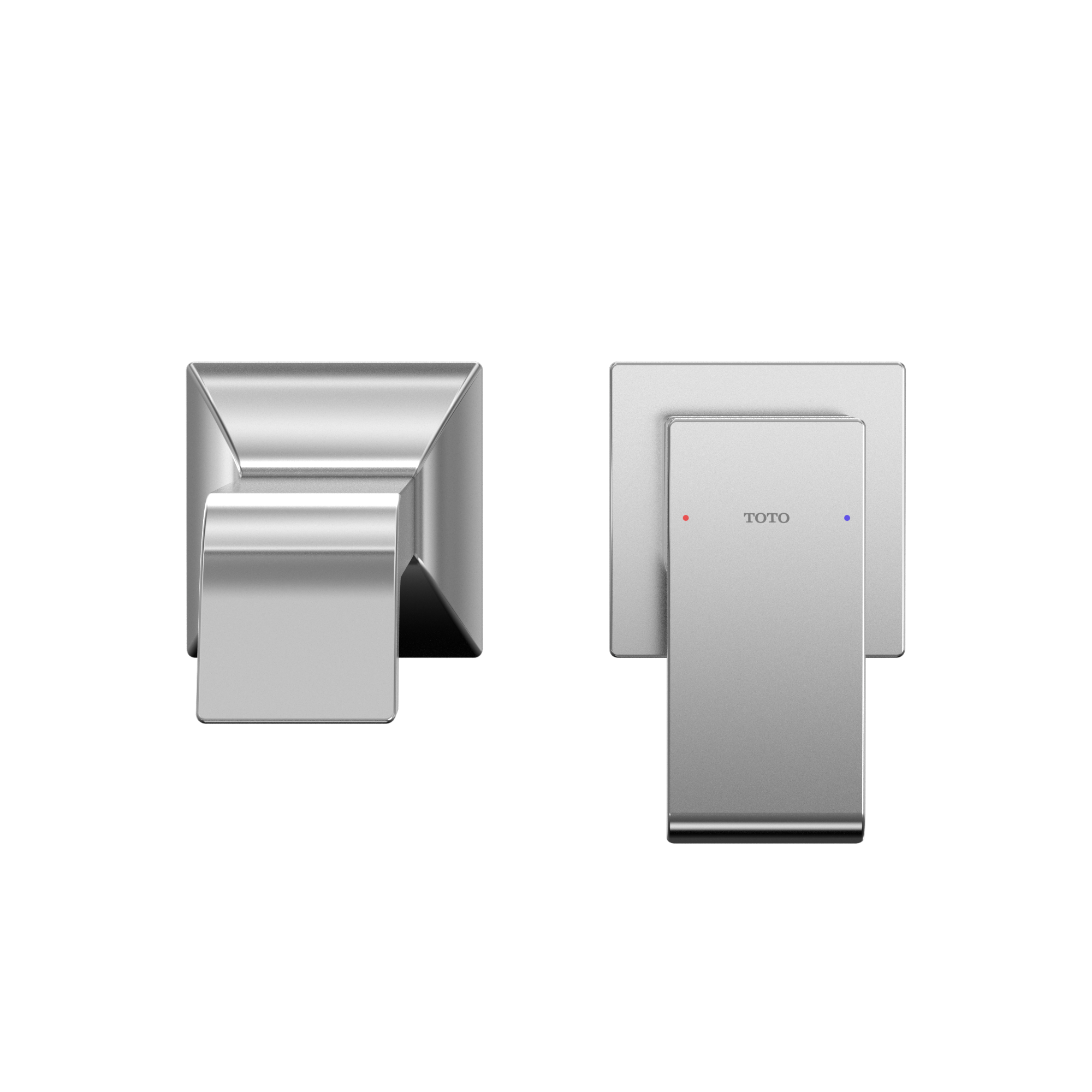 Polished chrome wall-mount bathroom faucet with single handle and rectangular escutcheon plate, shown from front and side ang