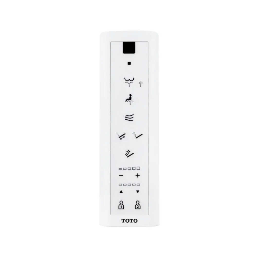 White Toto C5 remote control with black buttons and icons for water spray, seat heating, and bidet functions.