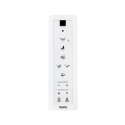 White Toto C5 remote control with black buttons and icons for water spray, seat heating, and bidet functions.