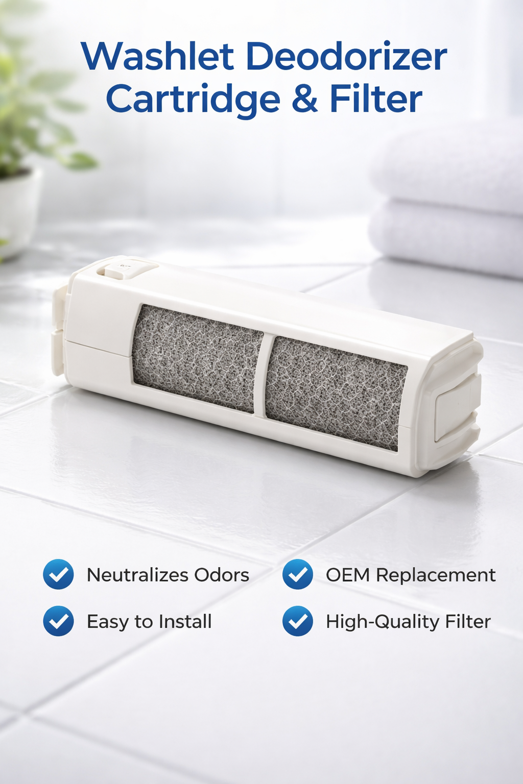 White Toto Washlet deodorizer cartridge with dual charcoal filter compartments displayed on bathroom tile.