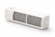 White Toto Washlet cartridge with two dark gray activated charcoal filter compartments.