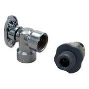 Chrome angled shutoff valve with wall flange and black plastic cap shown separately.