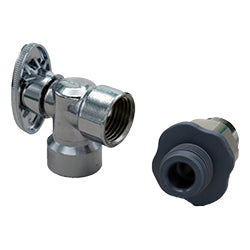 Chrome angled shutoff valve with wall flange and black plastic cap shown separately.