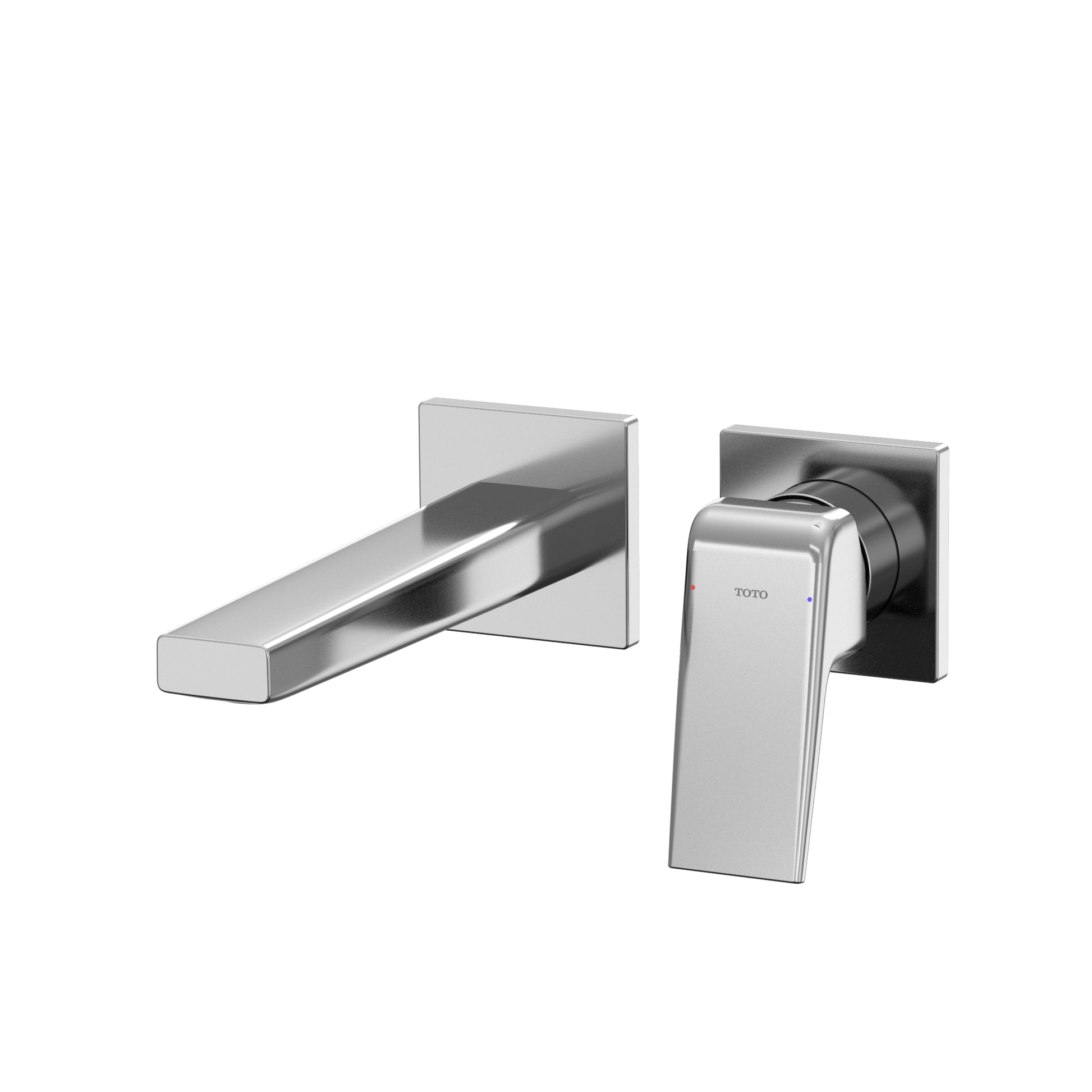 Polished chrome wall-mount bathroom faucet with single rectangular handle and curved spout.