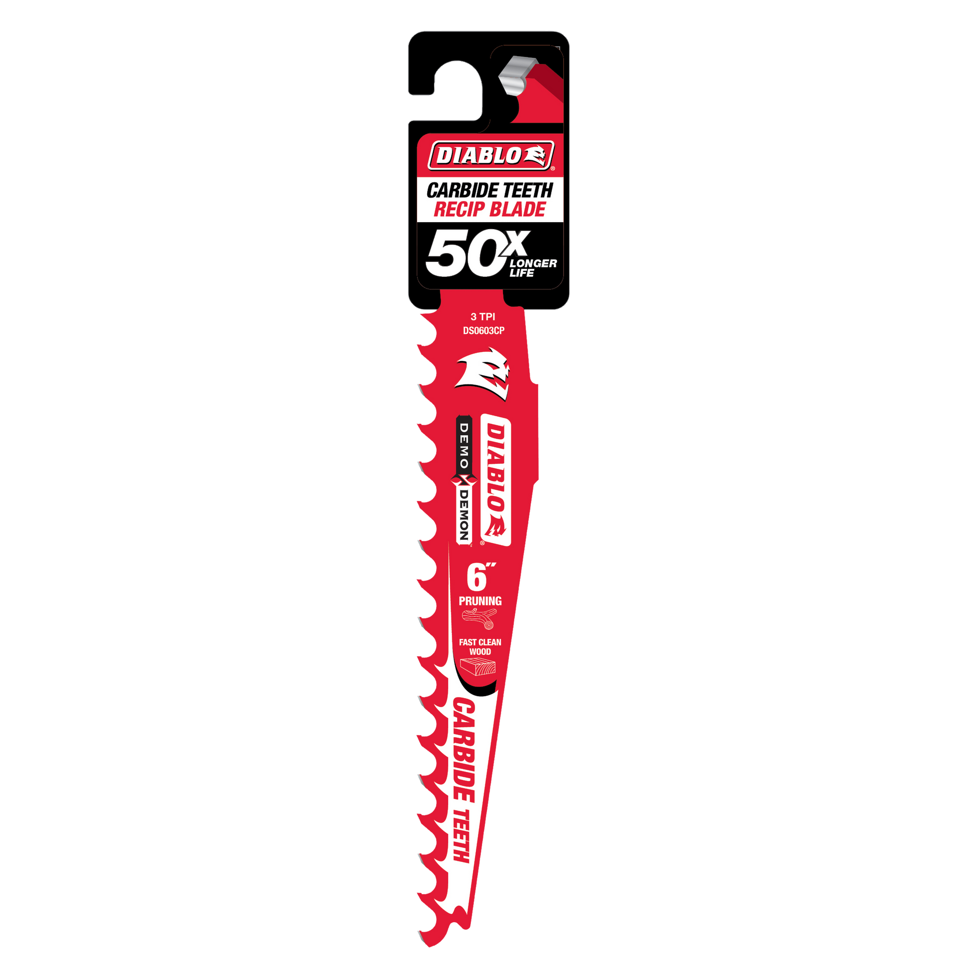Red Diablo 6-inch carbide-tipped reciprocating saw blade with teeth along one edge, mounted on packaging.