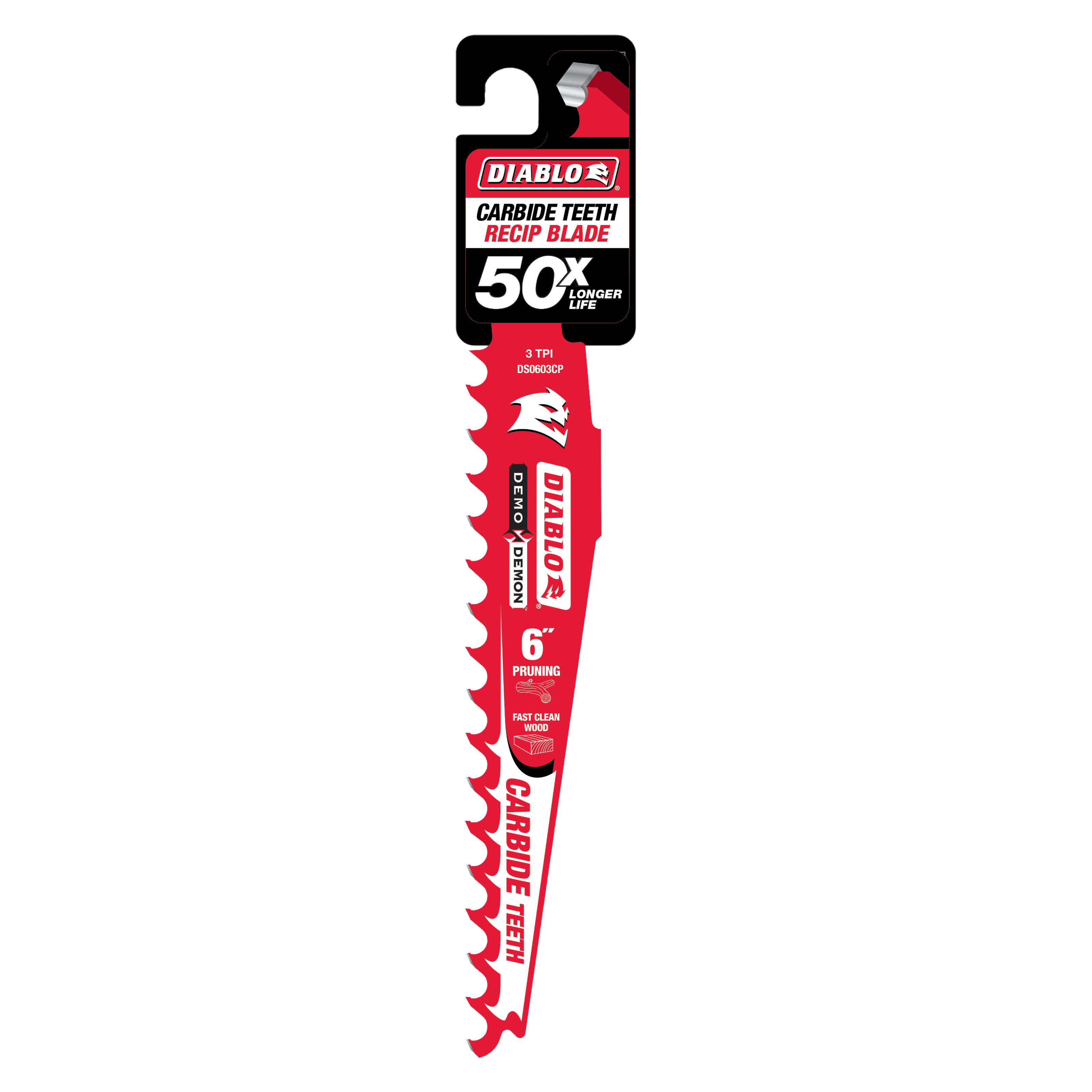 Red Diablo 6-inch carbide-tipped reciprocating saw blade with teeth along one edge, mounted on packaging.