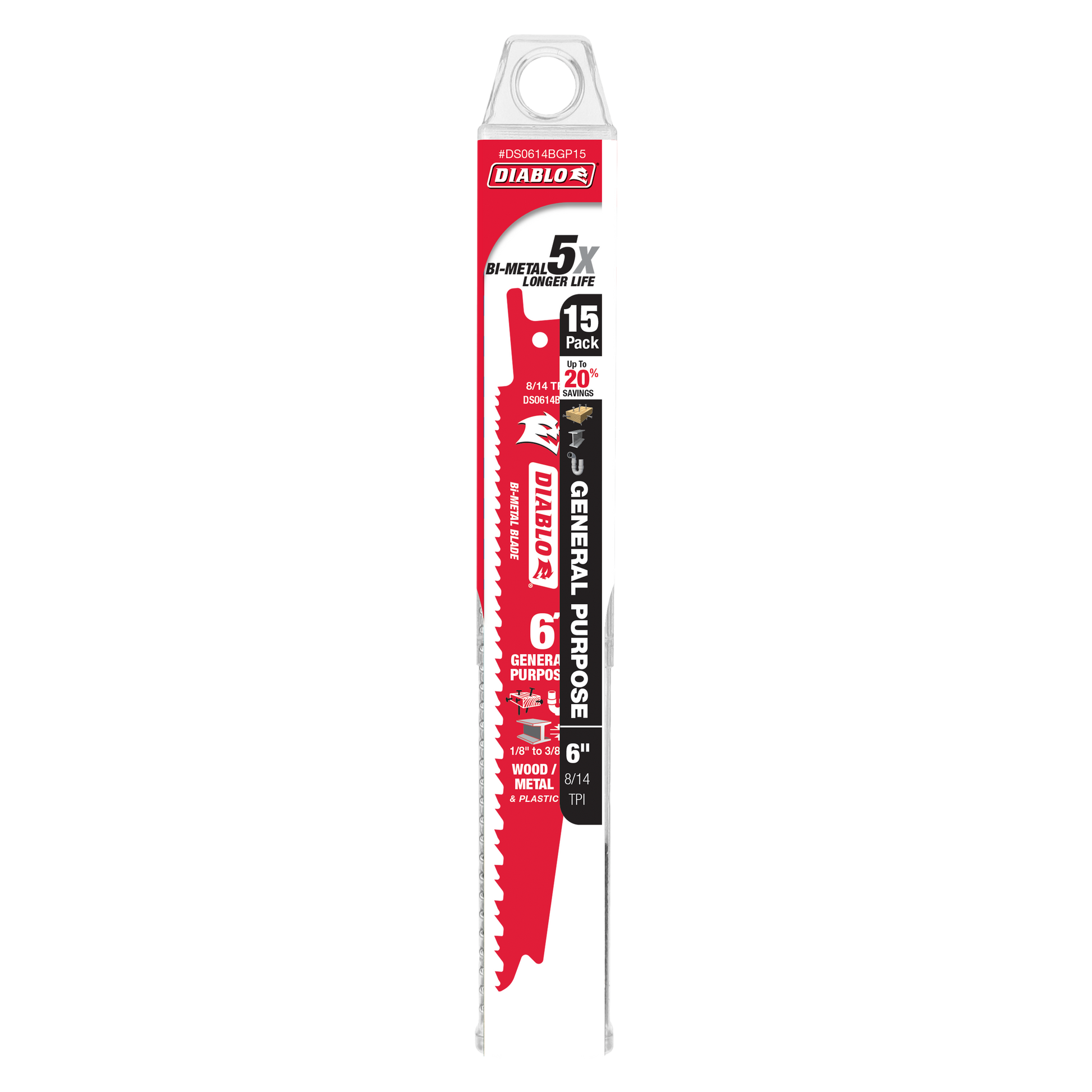 Six-inch Diablo bi-metal reciprocating saw blade with serrated cutting edge on red and black packaging labeled 15-pack.