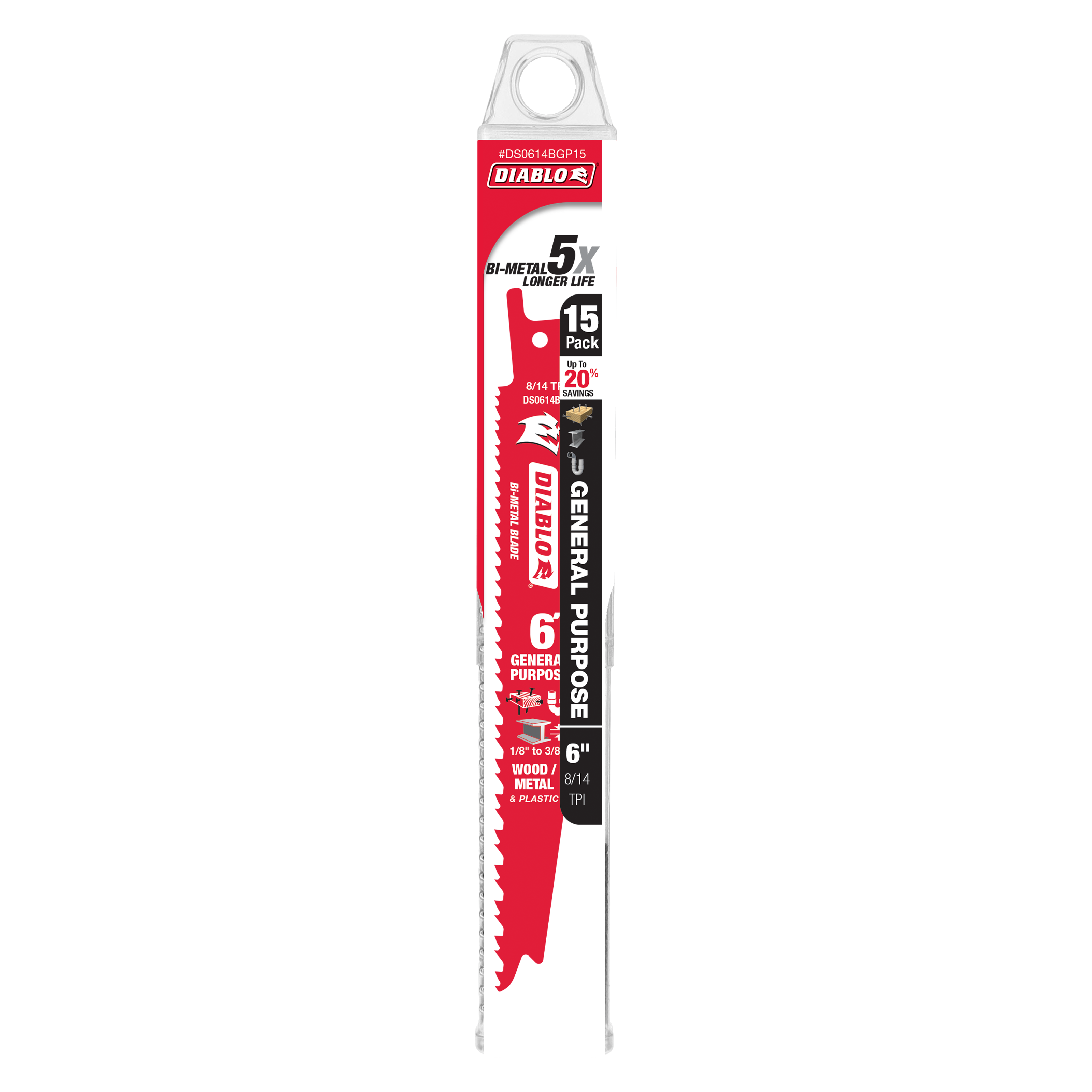 Six-inch Diablo bi-metal reciprocating saw blade with serrated cutting edge on red and black packaging labeled 15-pack.