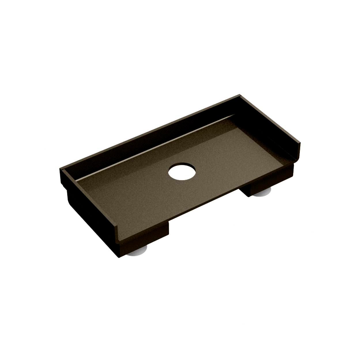 Oil rubbed bronze linear drain component with rectangular base and central drain opening.