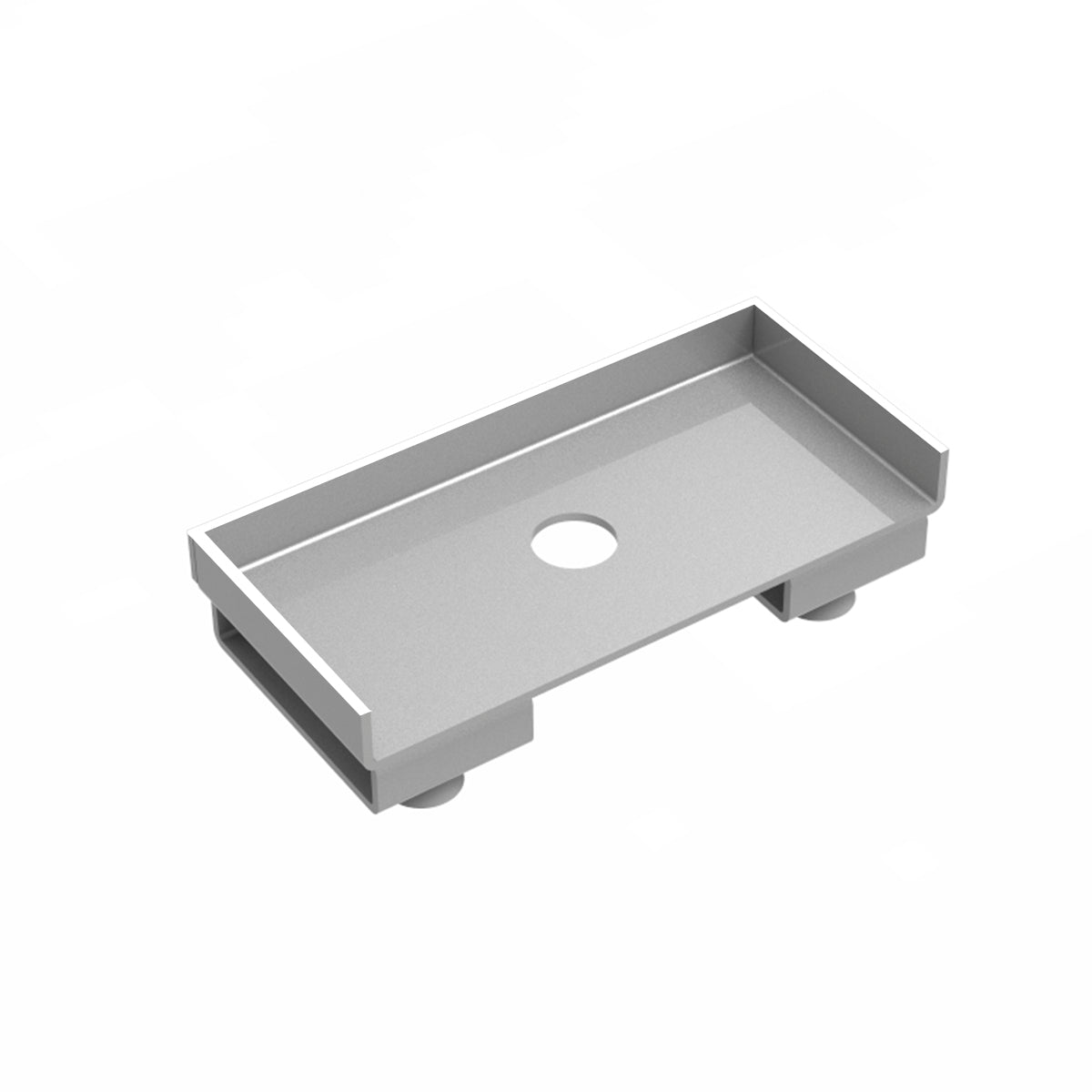 Polished stainless steel linear drain component with rectangular basin and center outlet opening.