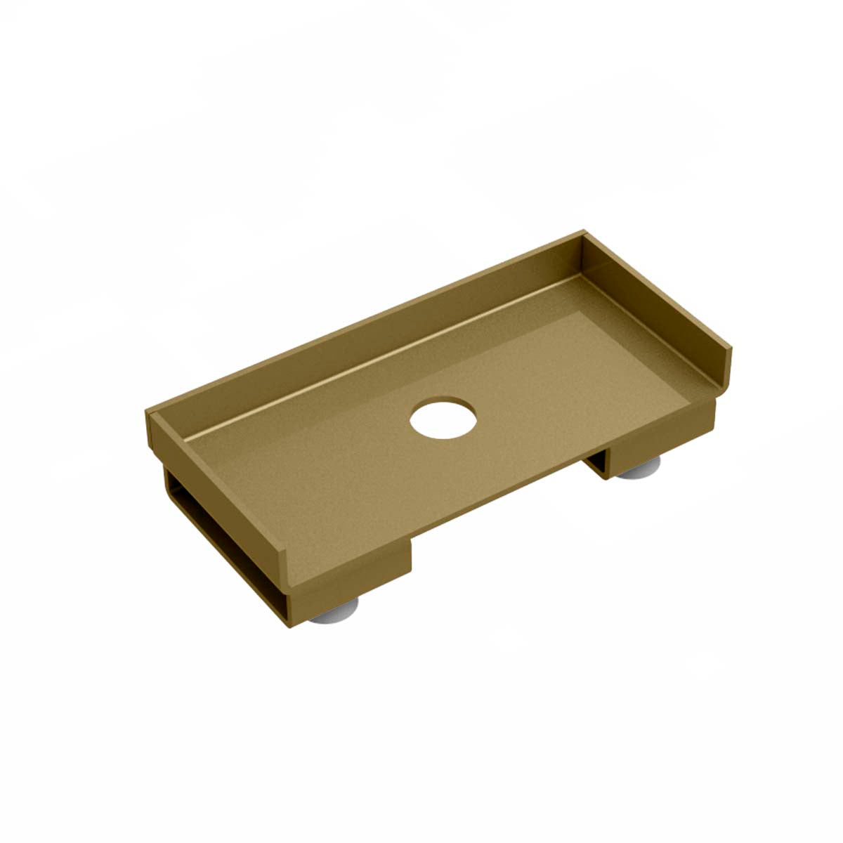 Satin bronze linear drain component with rectangular basin and center outlet hole.