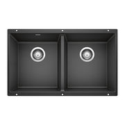 Anthracite double bowl undermount sink with two equal compartments and chrome drain strainers.