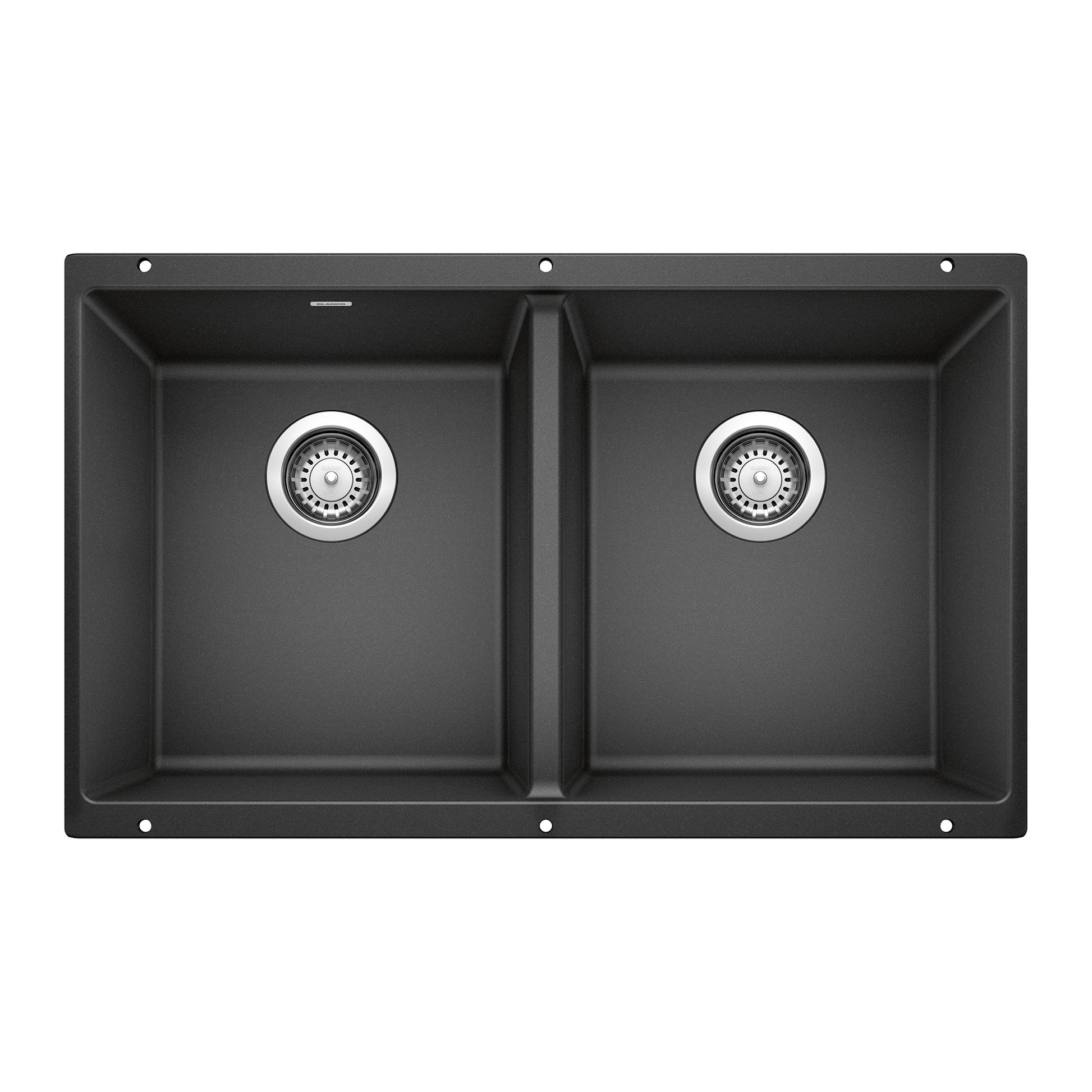 Anthracite double bowl undermount sink with two equal compartments and chrome drain strainers.