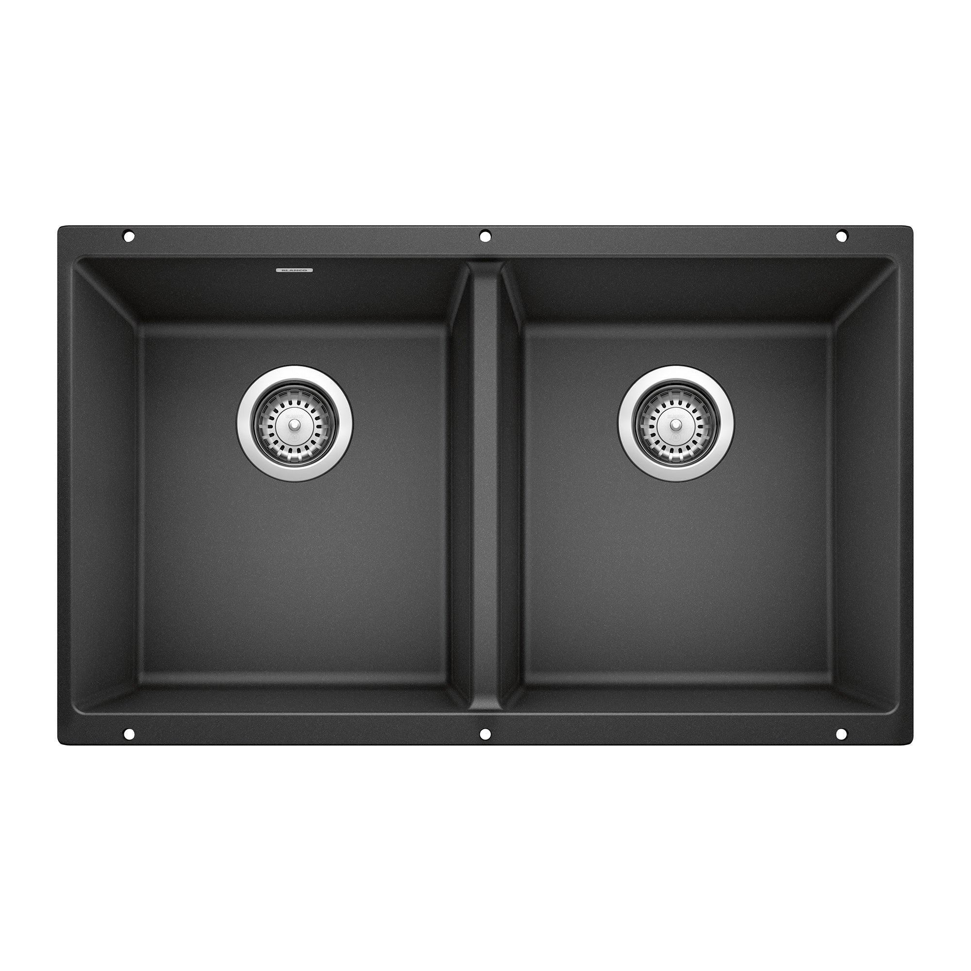Anthracite double bowl undermount sink with two equal compartments and chrome drain strainers.