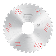 Freud circular saw blade with silver finish, carbide teeth, center bore, and red patented groove system markings around perim