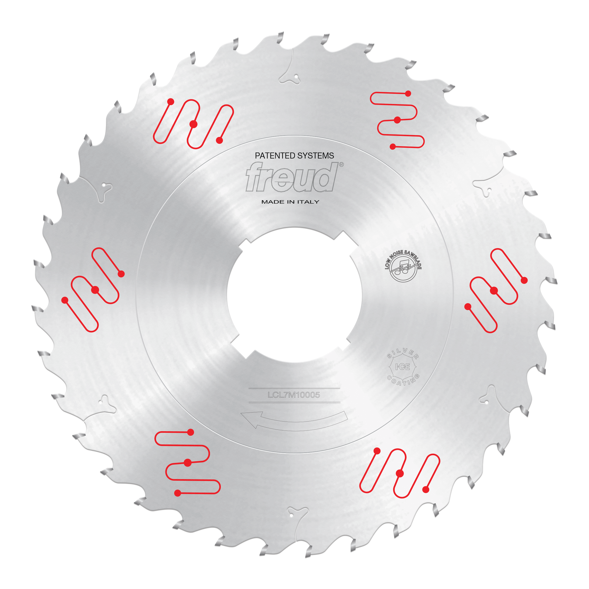 Freud circular saw blade with silver finish, carbide teeth, center bore, and red patented groove system markings around perim