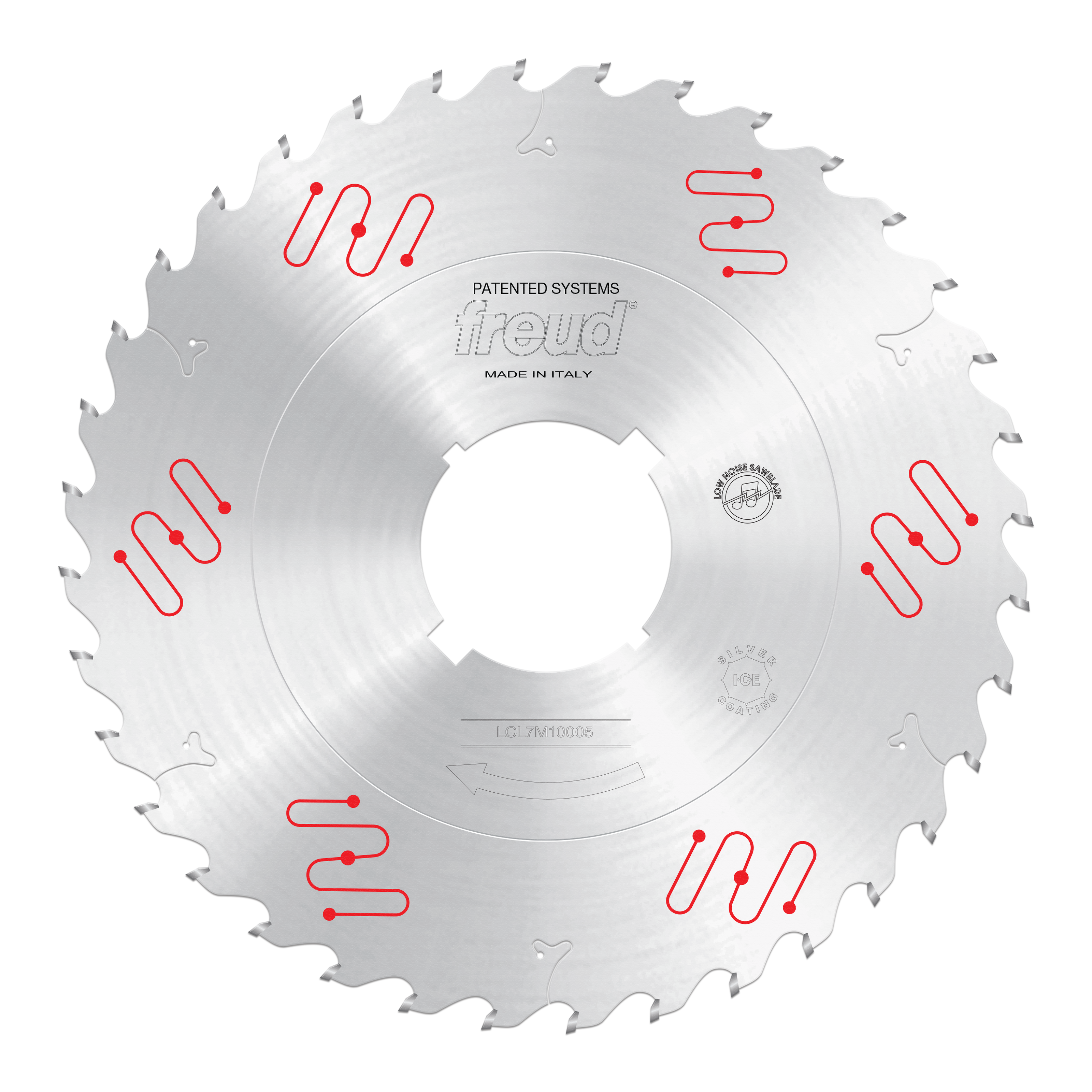 Freud circular saw blade with silver finish, carbide teeth, center bore, and red patented groove system markings around perim