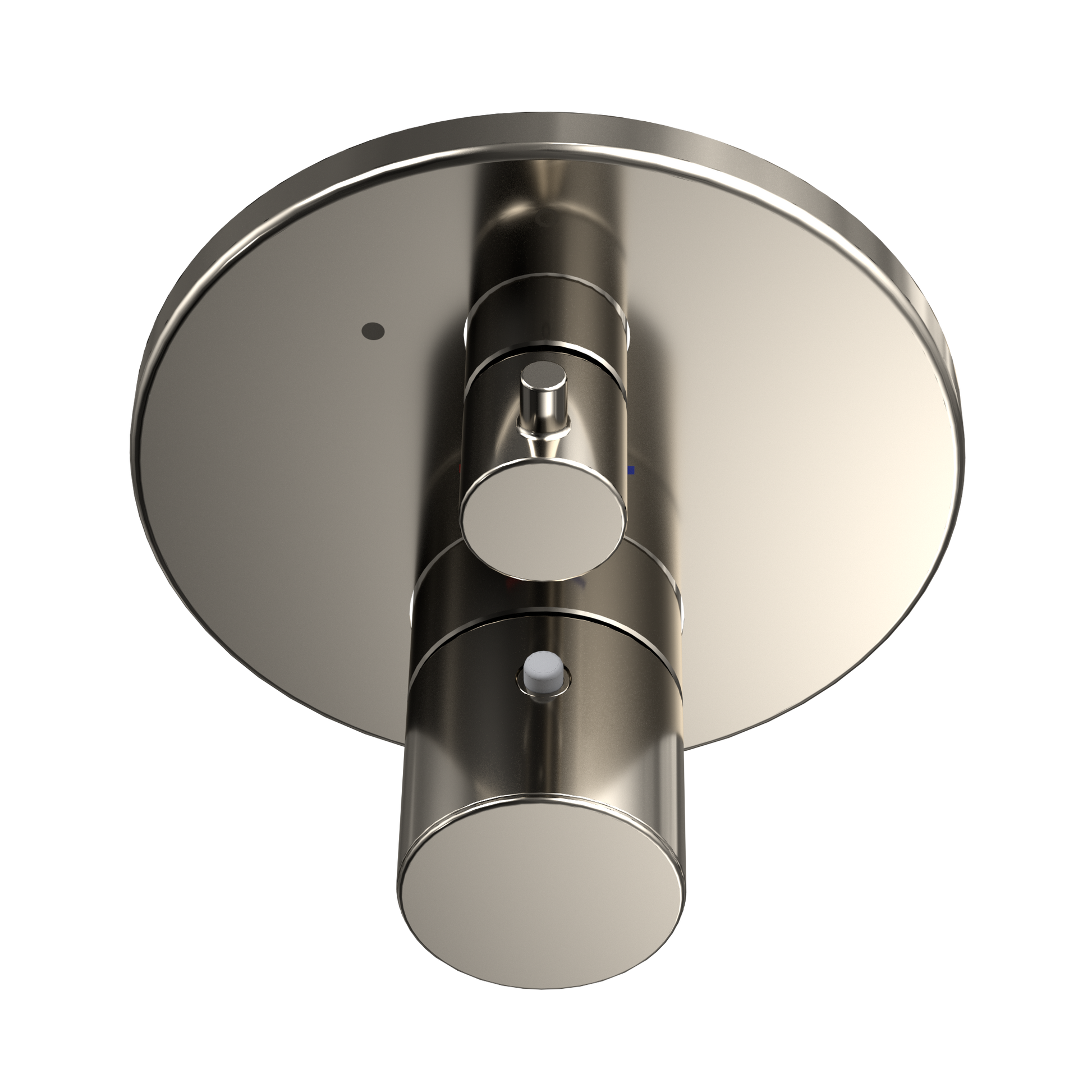Polished nickel round shower trim with cylindrical body, central control handle, and circular escutcheon plate.