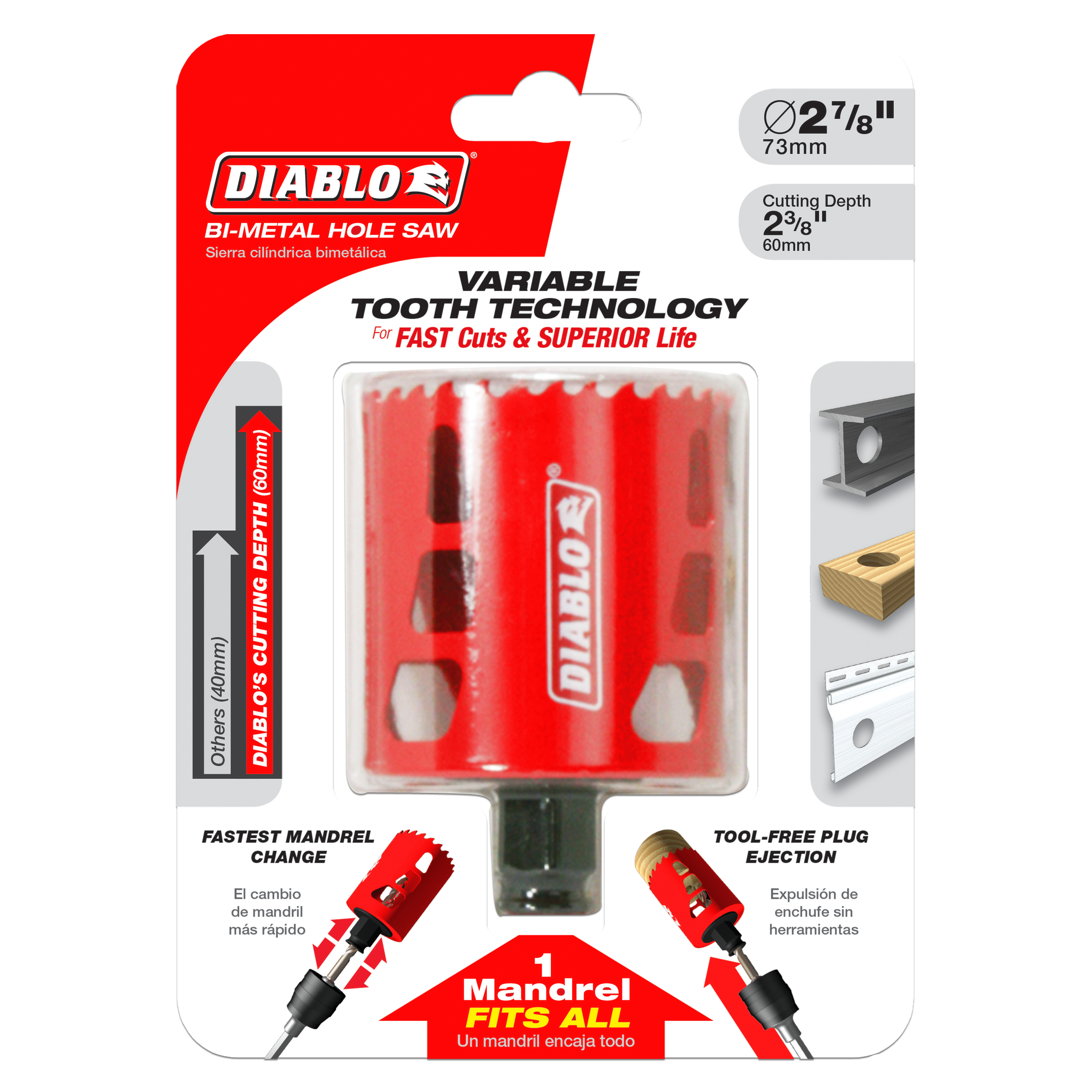 Diablo bi-metal hole saw with 2-7/8 inch diameter, variable tooth technology, red housing, and black mandrel on retail packag