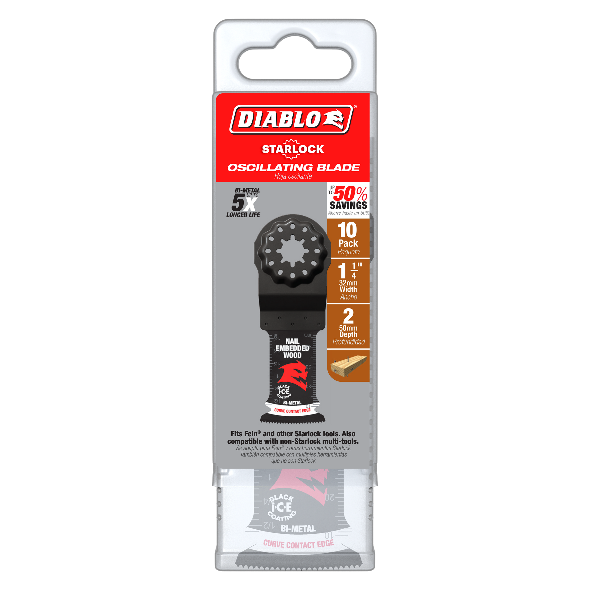 Pack of 10 Diablo Starlock 1-1/4 inch bi-metal oscillating blades with serrated edge for cutting nail-embedded wood.