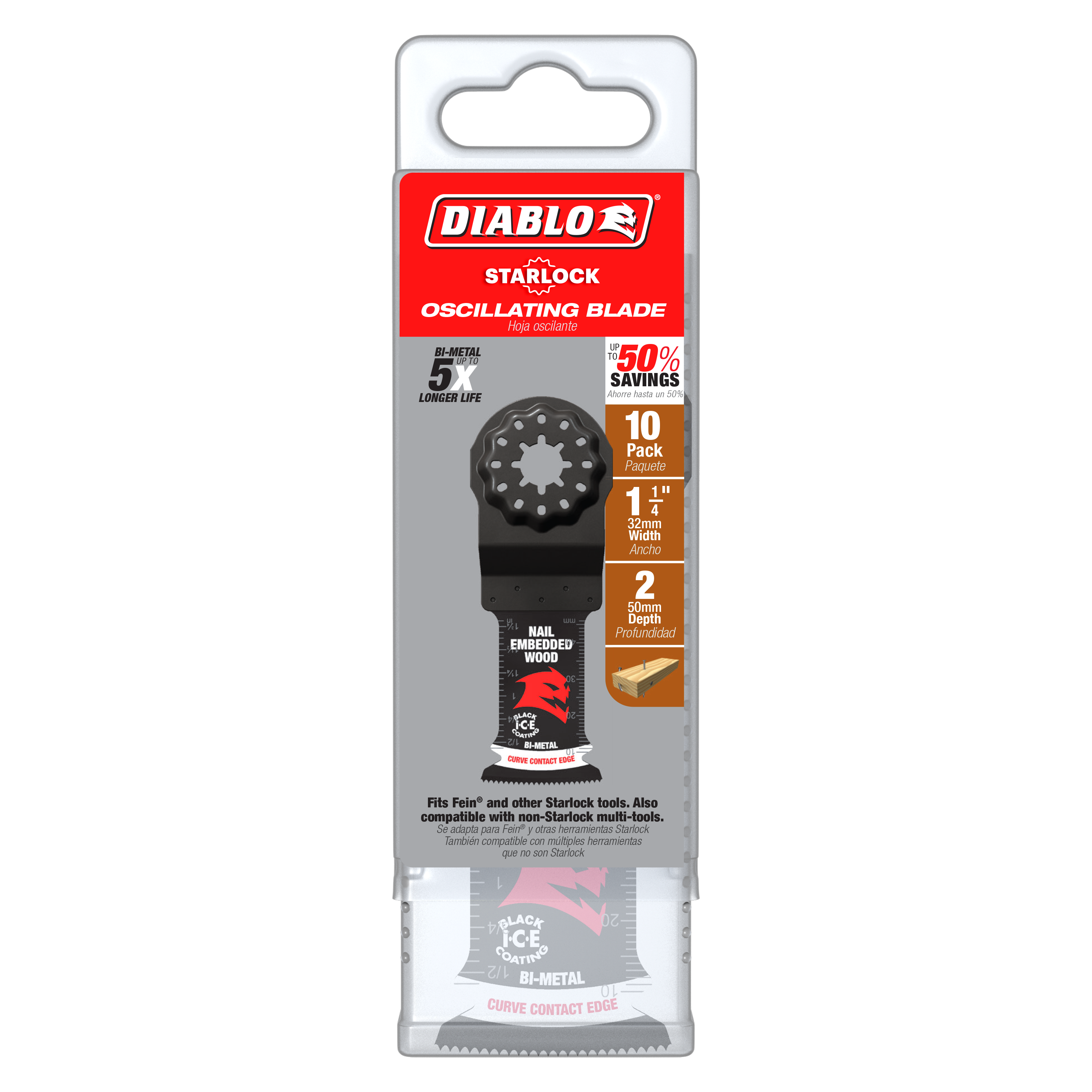 Pack of 10 Diablo Starlock 1-1/4 inch bi-metal oscillating blades with serrated edge for cutting nail-embedded wood.
