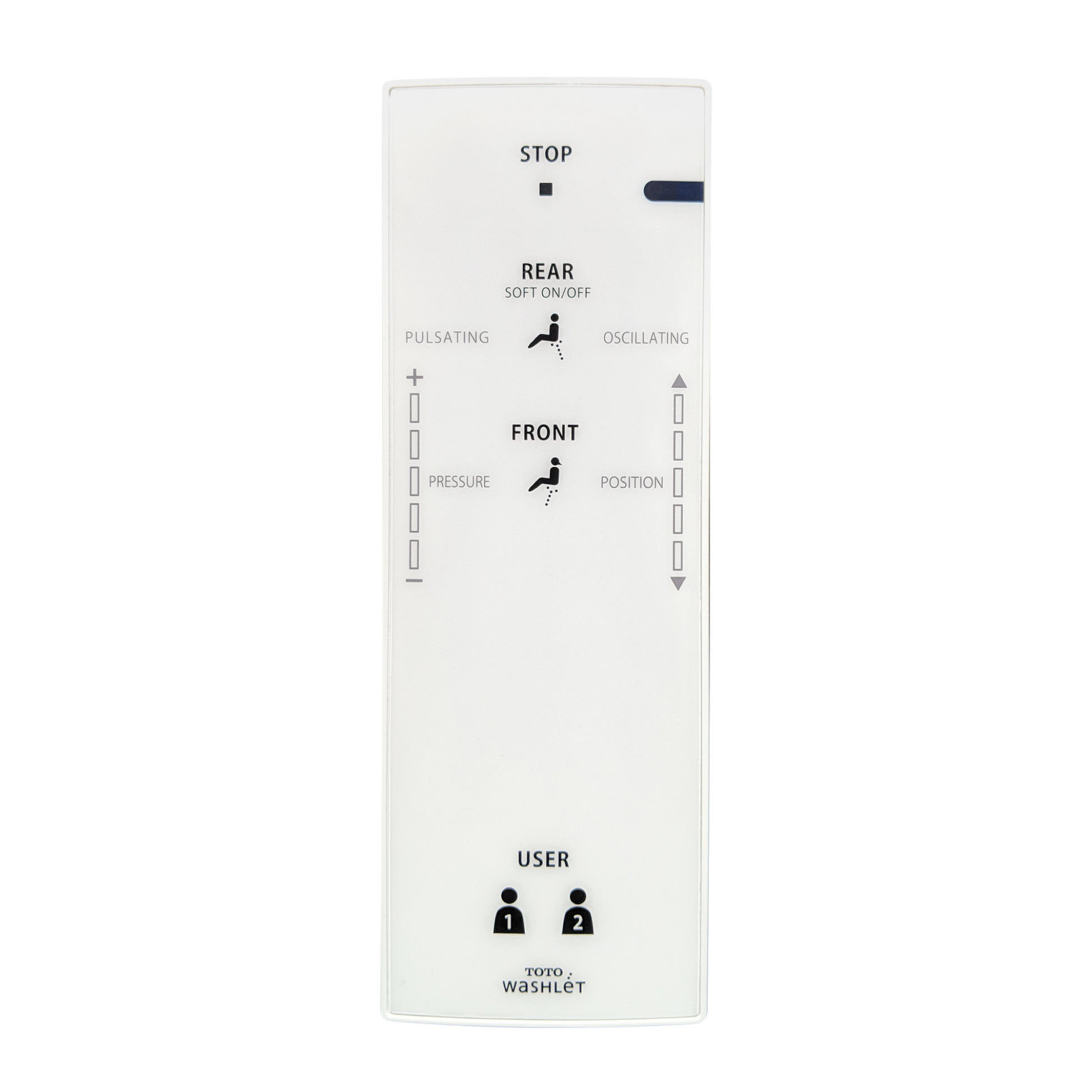 White rectangular Toto WASHLET remote control with labeled buttons for stop, rear wash, front wash, pressure, position, pulsa