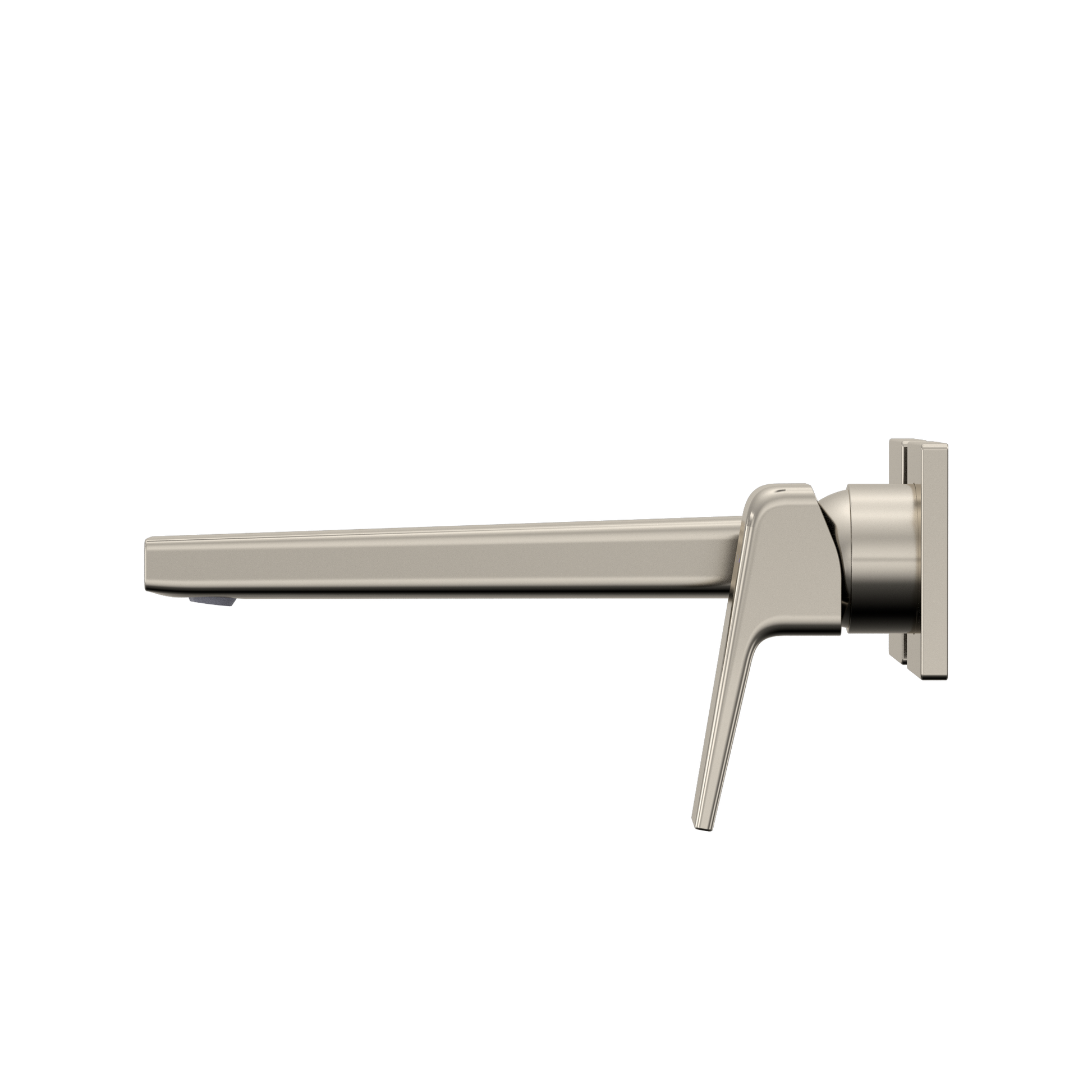 Polished nickel wall-mount bathroom faucet with single lever handle and extended spout.