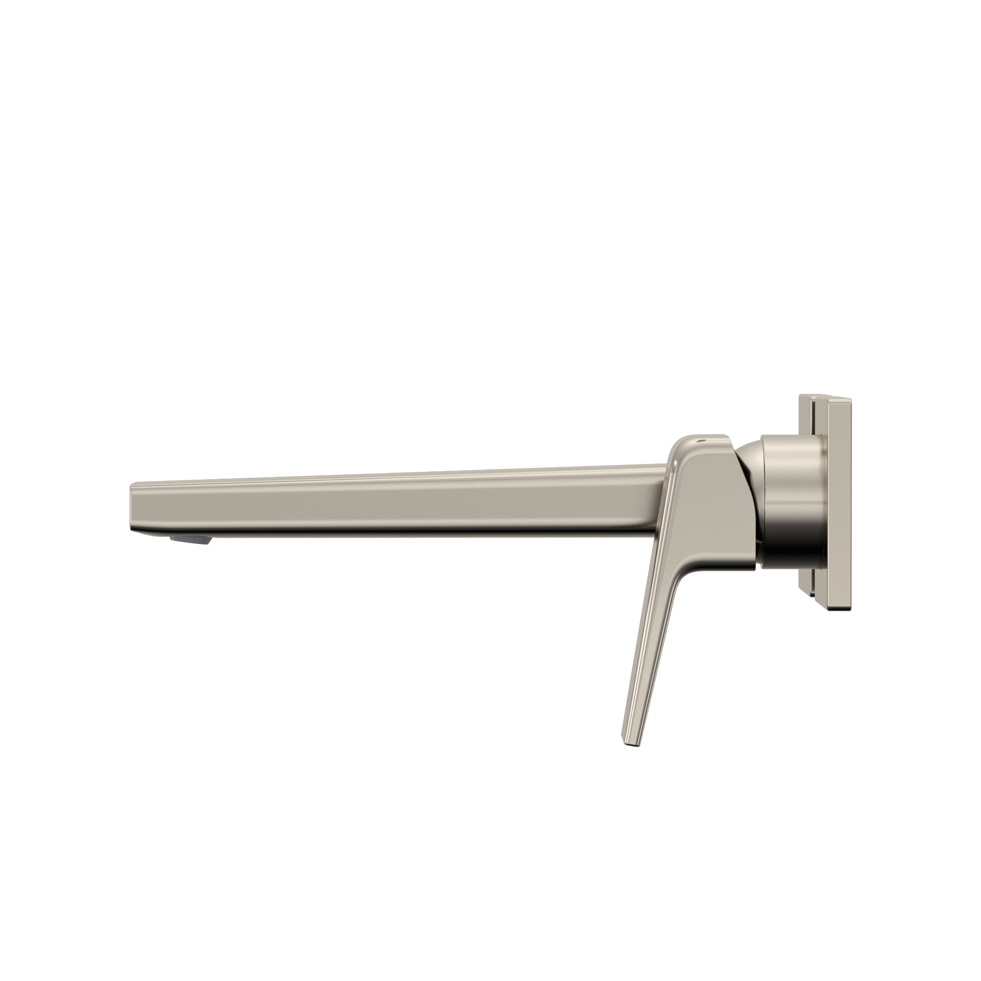 Polished nickel wall-mount bathroom faucet with single lever handle and extended spout.