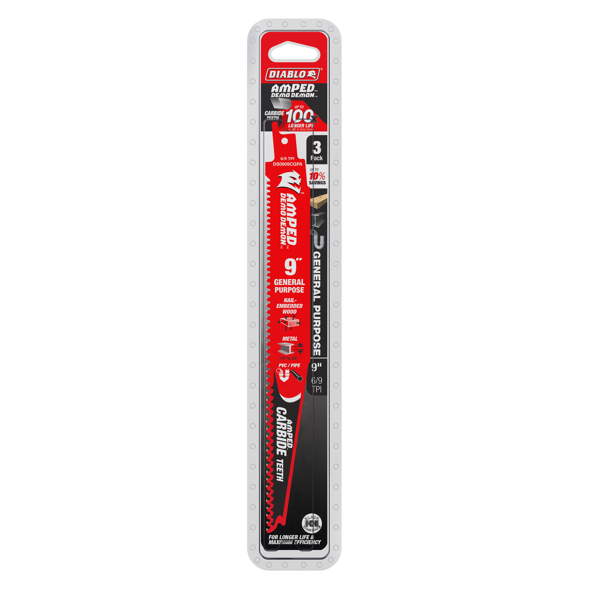 Three 9-inch Diablo Demo Demon Amped carbide reciprocating saw blades in red and black packaging with general purpose specifi