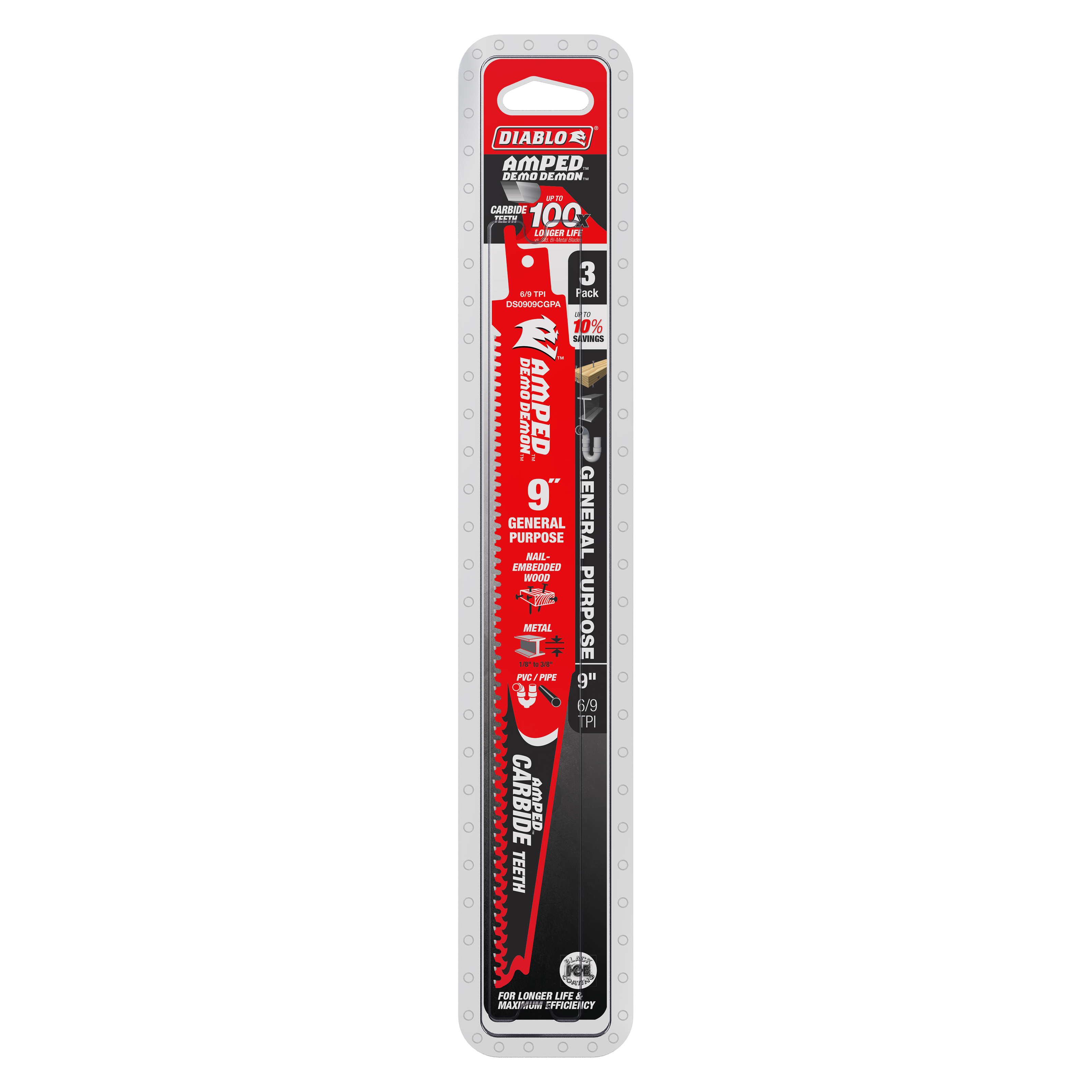 Three 9-inch Diablo Demo Demon Amped carbide reciprocating saw blades in red and black packaging with general purpose specifi