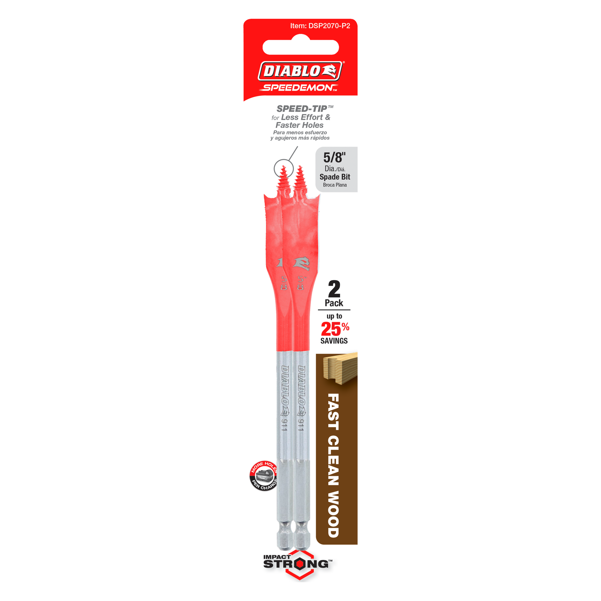 Two red and silver Diablo 5/8 inch spade drill bits in retail packaging with Speedemon branding.
