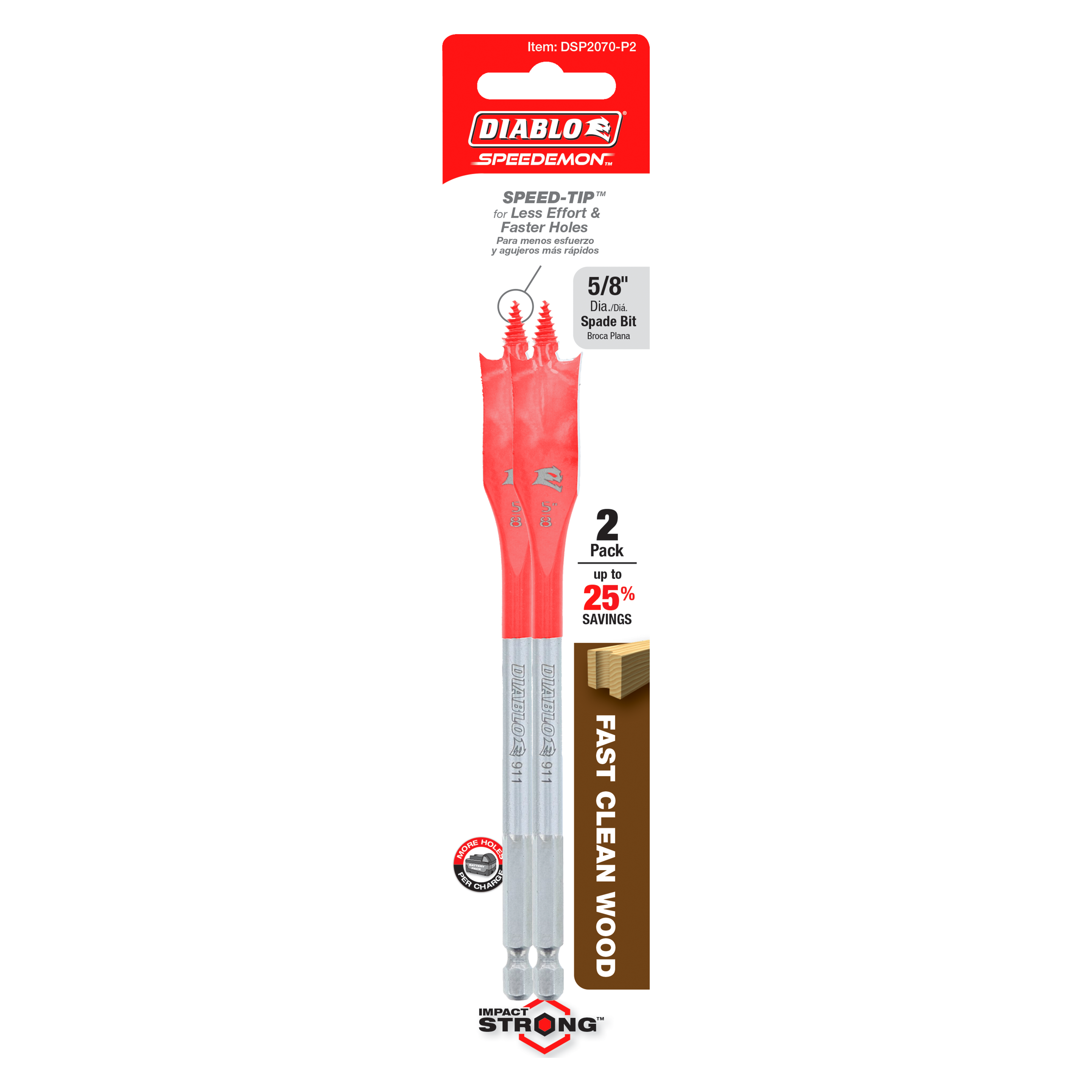 Two red and silver Diablo 5/8 inch spade drill bits in retail packaging with Speedemon branding.