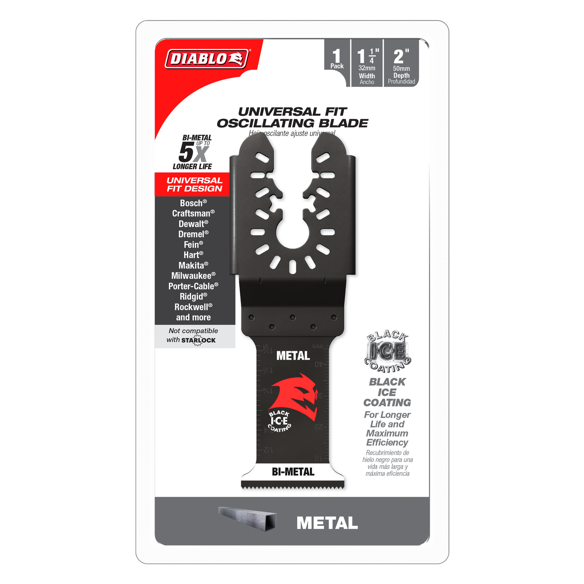 Diablo bi-metal oscillating blade with black ice coating for metal cutting on universal fit power tools.