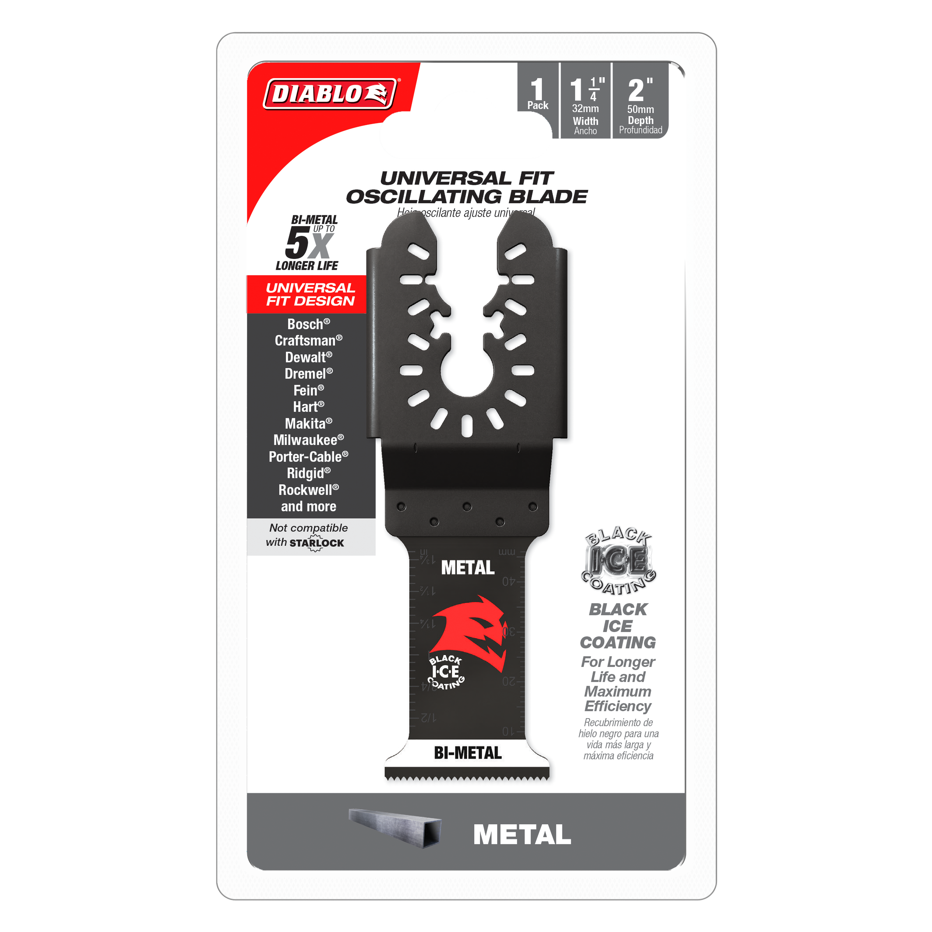 Black bi-metal oscillating saw blade with serrated cutting edge and universal fit design for metal cutting.