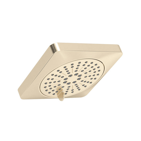 Satin nickel square showerhead with multiple spray holes and attached control lever.