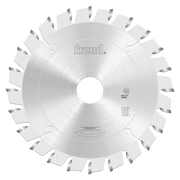 Freud circular saw blade with conical scoring teeth, 125mm diameter, silver coating, center bore visible.