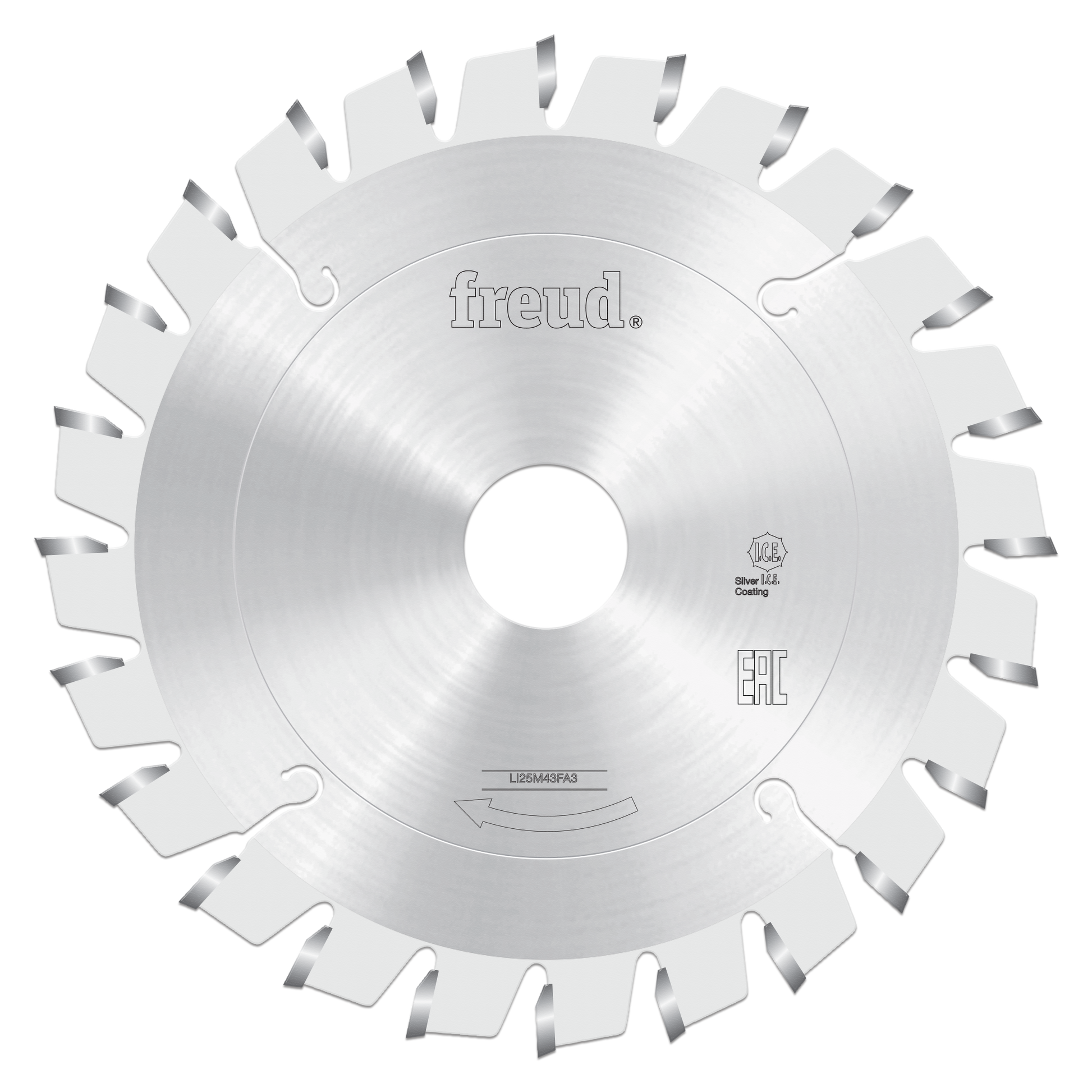 Freud circular saw blade with conical scoring teeth, 125mm diameter, silver coating, center bore visible.